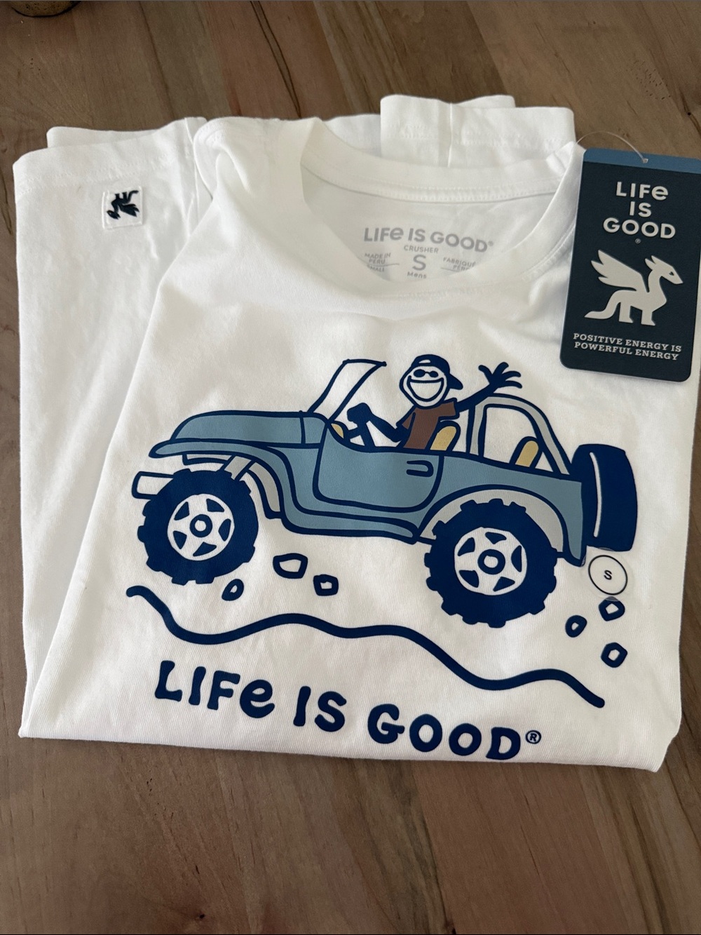 Life Is Good White Short Sleeve Tee with Blue Jeep Graphic